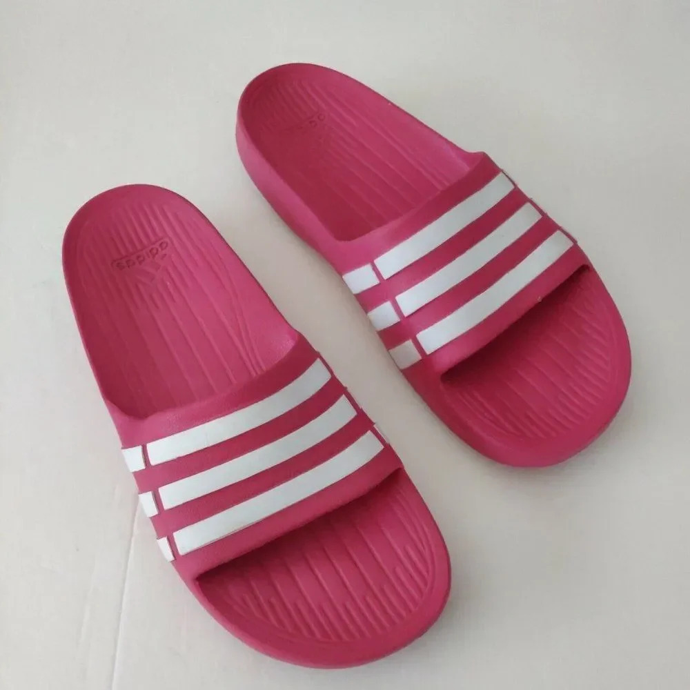 Adidas Pink & White Stripes Slides Adilette Comfort Slipper Shoes Size